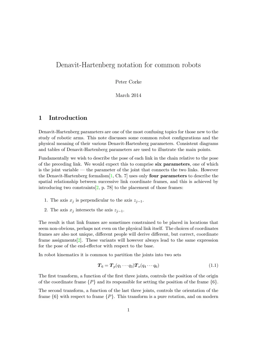 Preview of Denavit-Hartenberg notation for common robots
