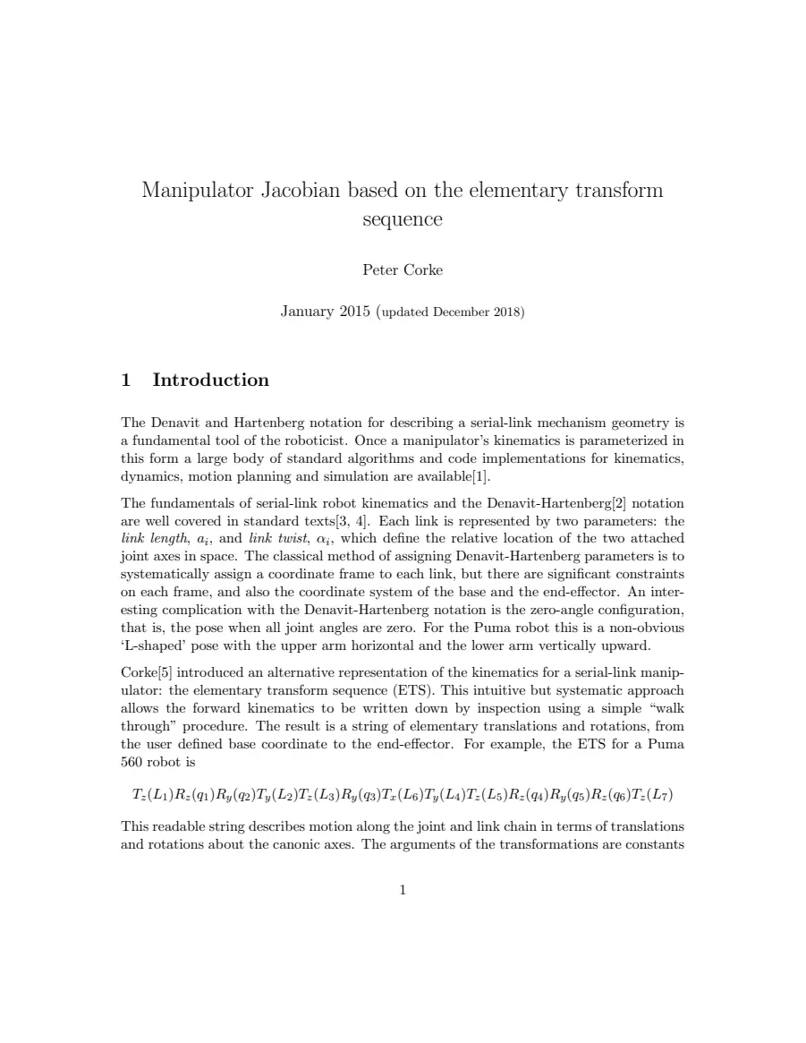 Preview of Manipulator Jacobian from the elementary transform sequence