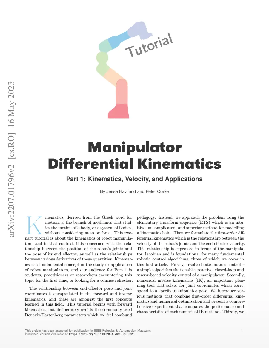 Preview of Manipulator Differential Kinematics, Part 1: Kinematics, Velocity, and Applications