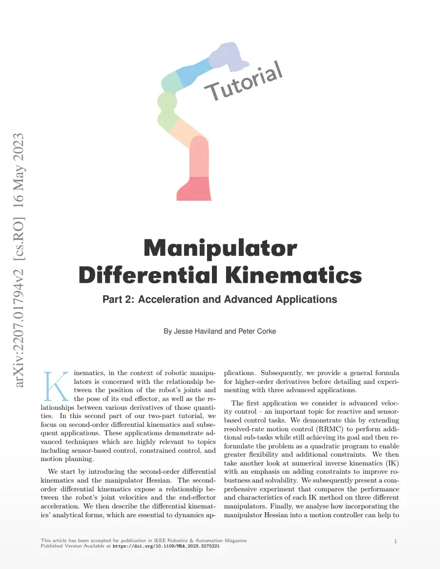 Preview of Manipulator Differential Kinematics, Part 2: Acceleration and Advanced Applications