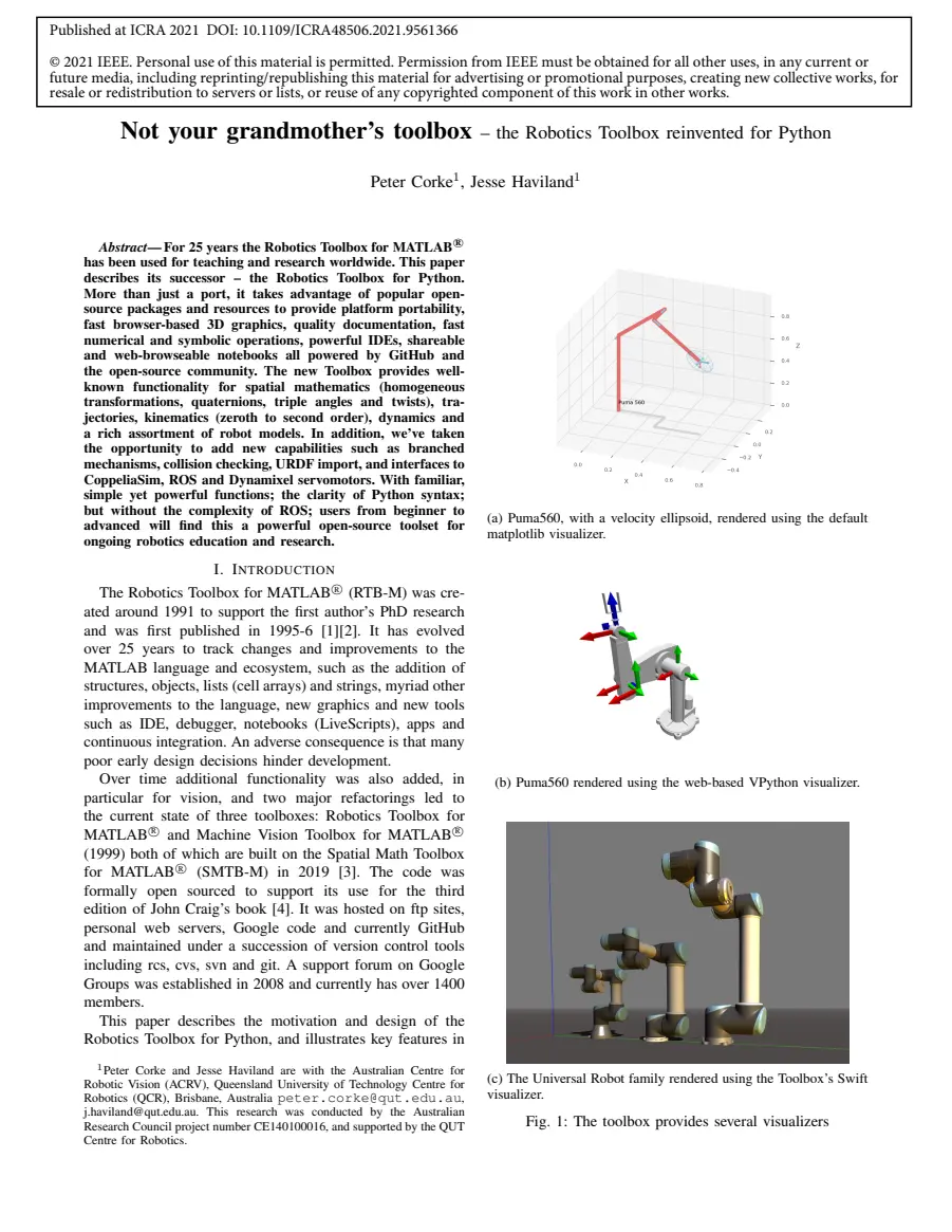 Preview of Not your grandmother's toolbox: the Robotics Toolbox reinvented for Python